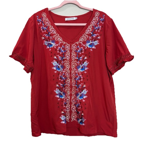 MISSLOOK Tops - Misslook Floral Embroidered Flutter Sleeve V-Neck Blouse‎ Red/Orange Top 2XL